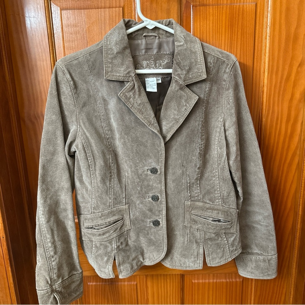 Live A Little LAL 100% Suede Leather Grey Taupe Gray Tan Blazer Button Jacket PM